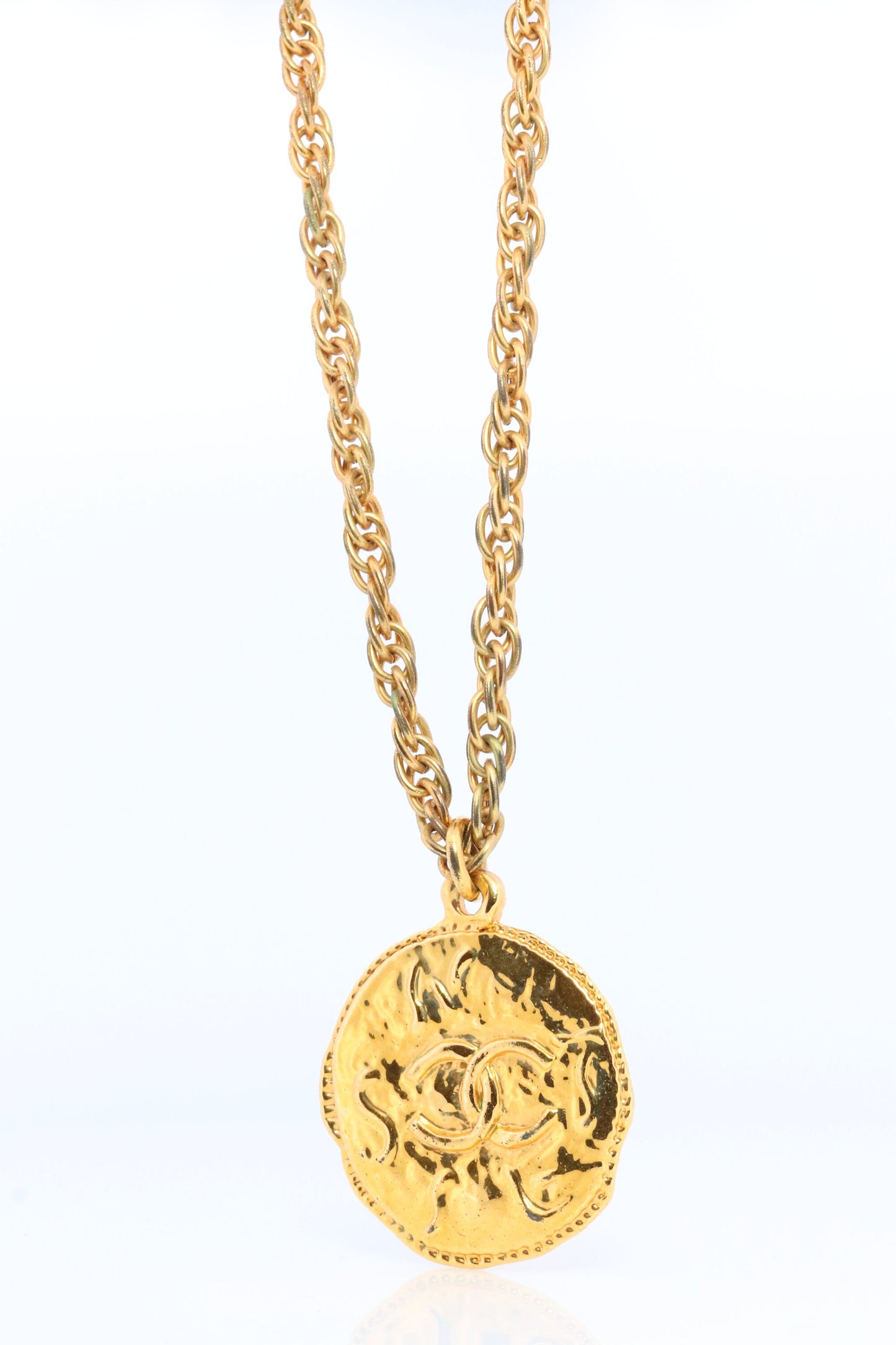 Chanel Necklace. Genuine CC CHANEL Round LOGO Coin Necklace. Disc Medallion Necklace. byzantine Etruscan Hammered Coco Chanel Necklace