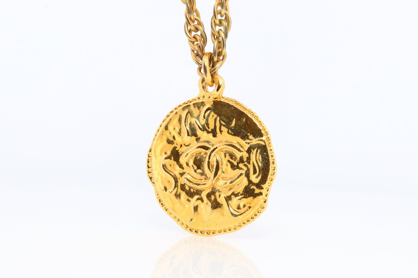 Chanel Necklace. Genuine CC CHANEL Round LOGO Coin Necklace. Disc Medallion Necklace. byzantine Etruscan Hammered Coco Chanel Necklace