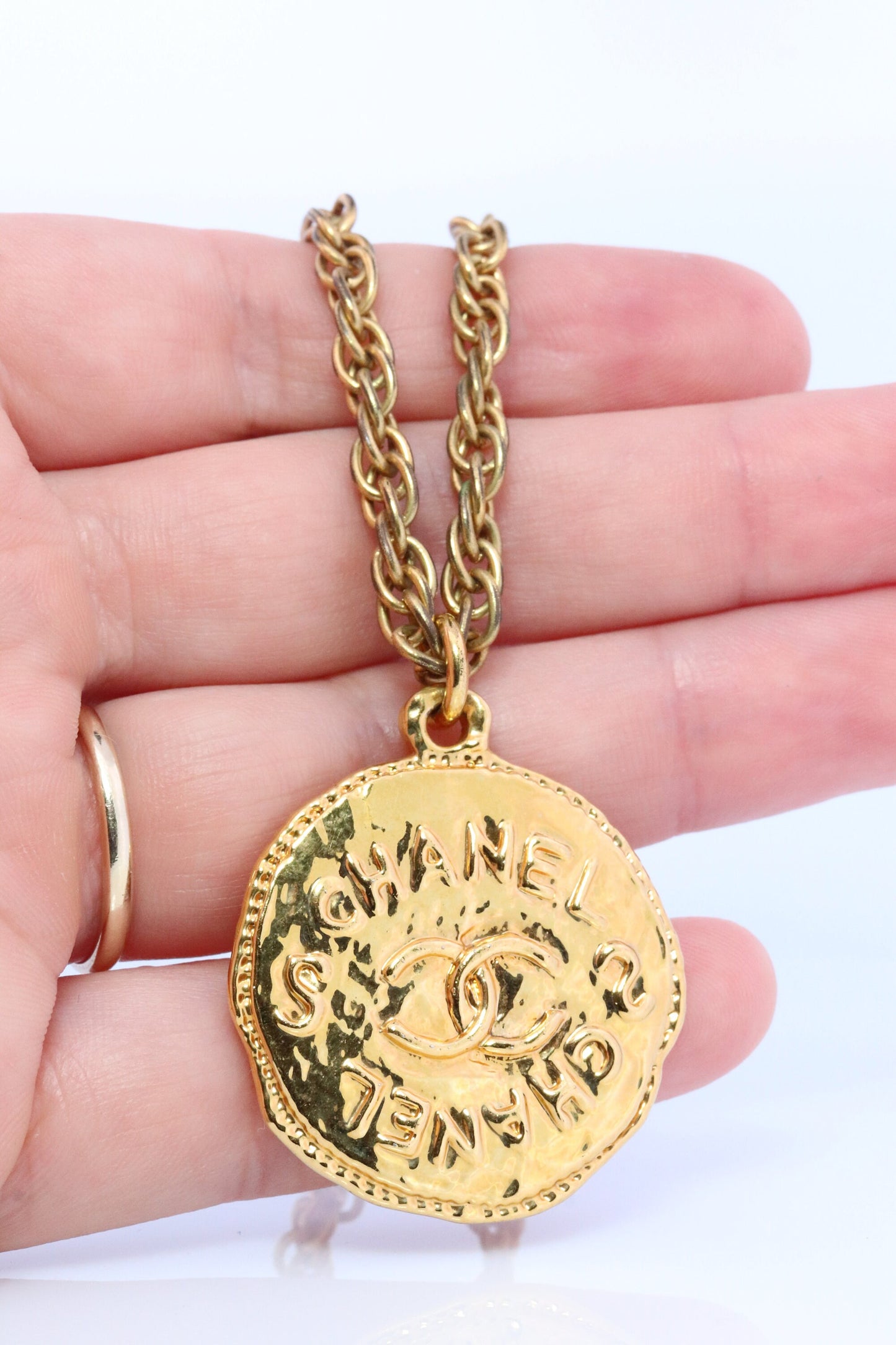 Chanel Necklace. Genuine CC CHANEL Round LOGO Coin Necklace. Disc Medallion Necklace. byzantine Etruscan Hammered Coco Chanel Necklace