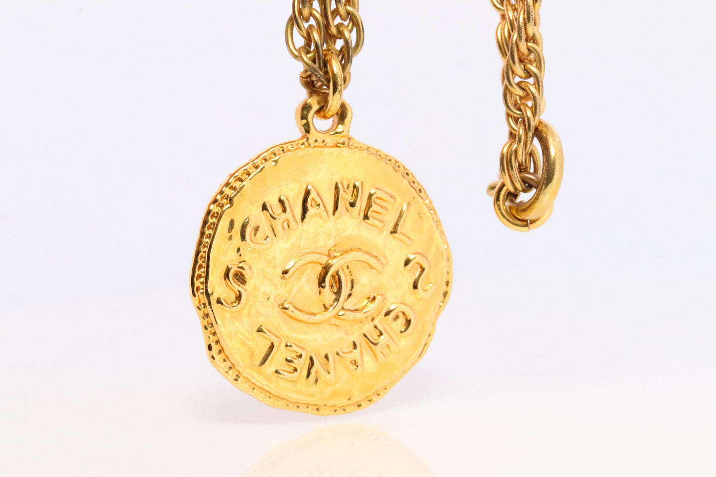 Chanel Necklace. Genuine CC CHANEL Round LOGO Coin Necklace. Disc Medallion Necklace. byzantine Etruscan Hammered Coco Chanel Necklace