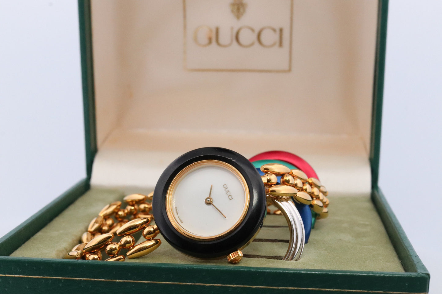 Genuine GUCCI 11/12 Watch. Vintage Ladies Gucci Change Bezel Watch. With Box and Bezels.