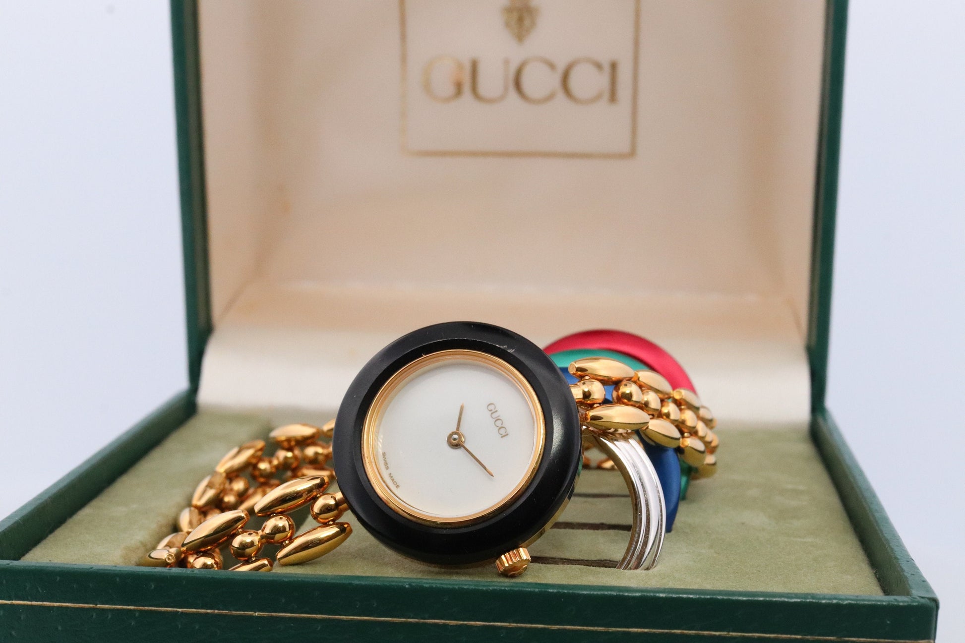 Genuine GUCCI 11/12 Watch. Vintage Ladies Gucci Change Bezel Watch. With Box and Bezels.