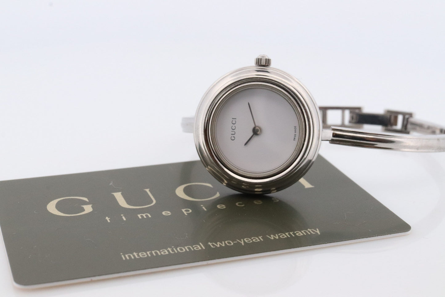 Genuine GUCCI 11/12.2 Watch. Vintage Ladies Gucci Silver Change Bangle Bezel Watch. Box and papers