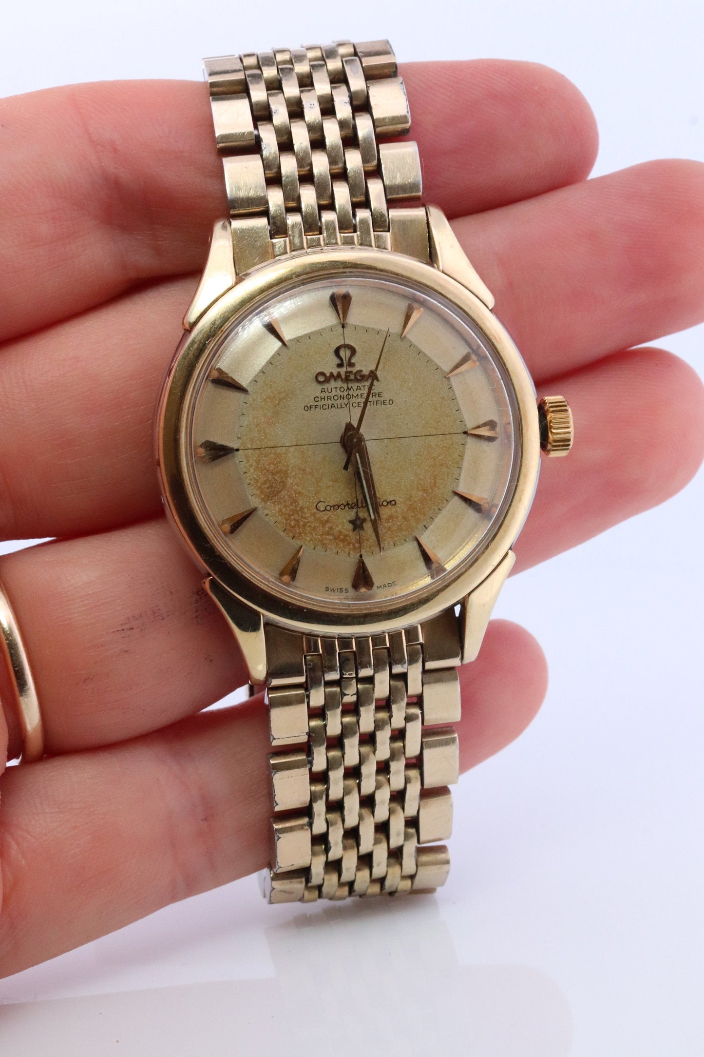 Omega Constellation Pie Pan Watch. Authentic Mens Omega Automatic 5852 Wristwatch. Omega 1950s Gold Plated Pie Pan Dial Arrowhead