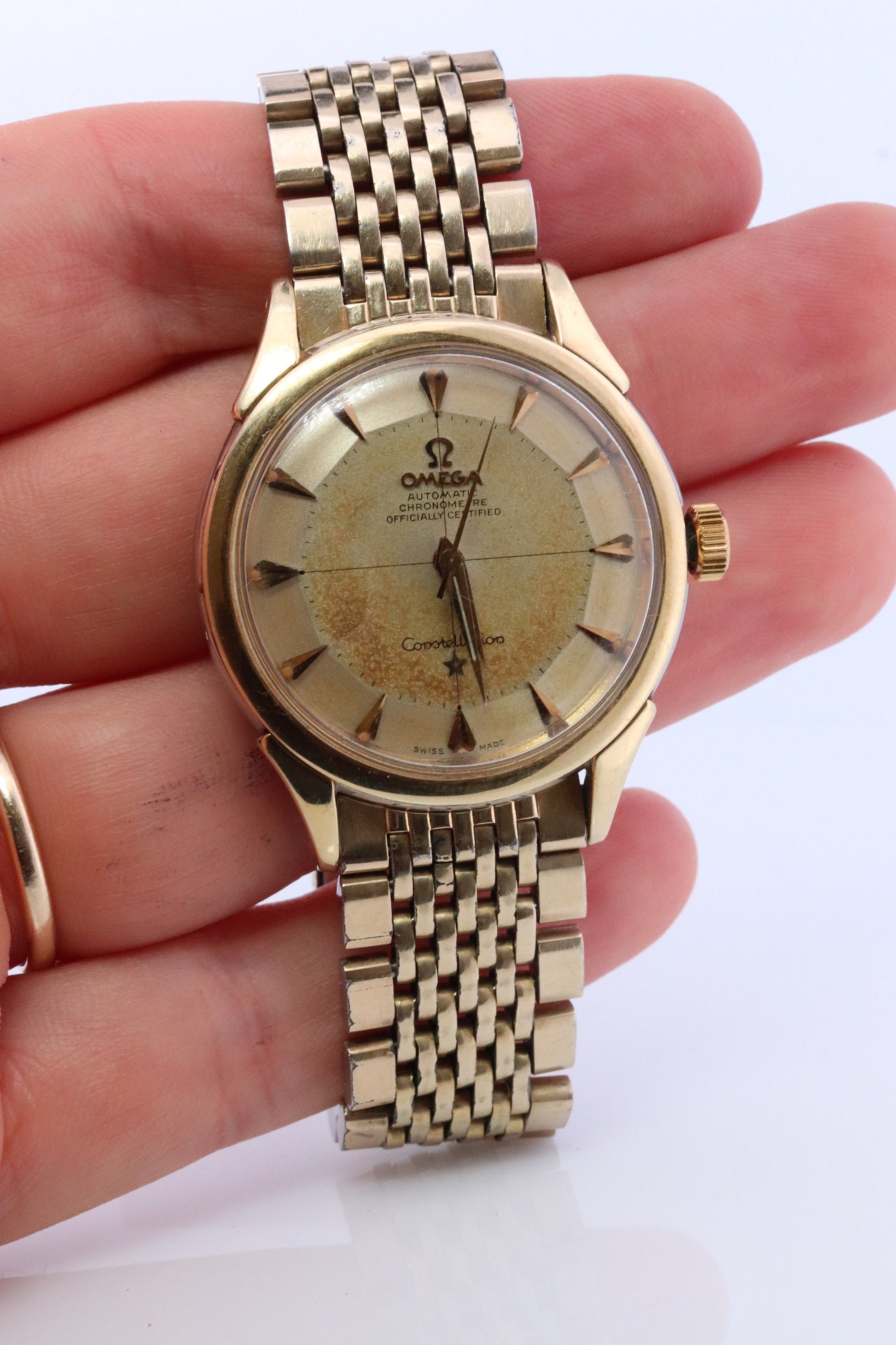 Omega Constellation Pie Pan Watch. Authentic Mens Omega Automatic 5852 Wristwatch. Omega 1950s Gold Plated Pie Pan Dial Arrowhead