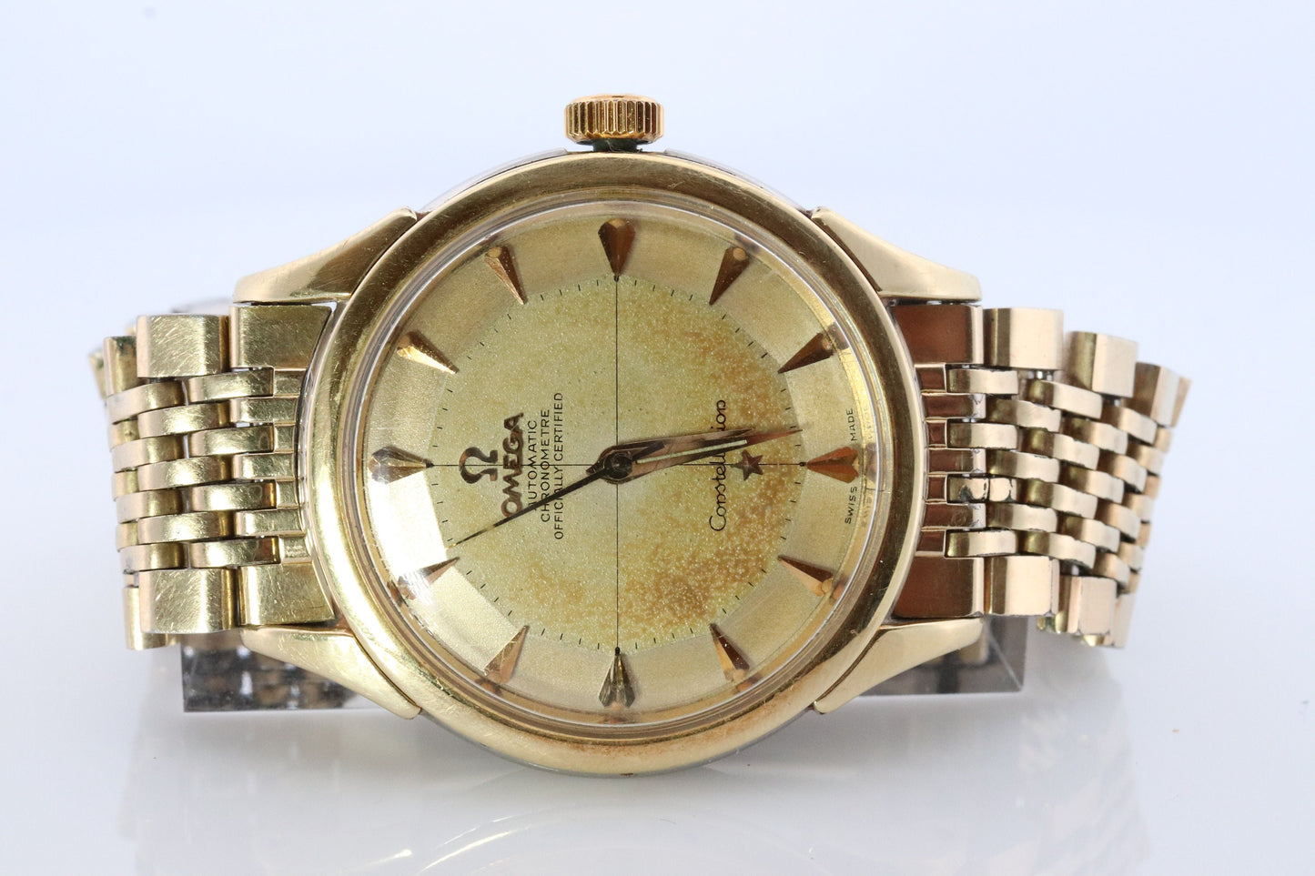 Omega Constellation Pie Pan Watch. Authentic Mens Omega Automatic 5852 Wristwatch. Omega 1950s Gold Plated Pie Pan Dial Arrowhead