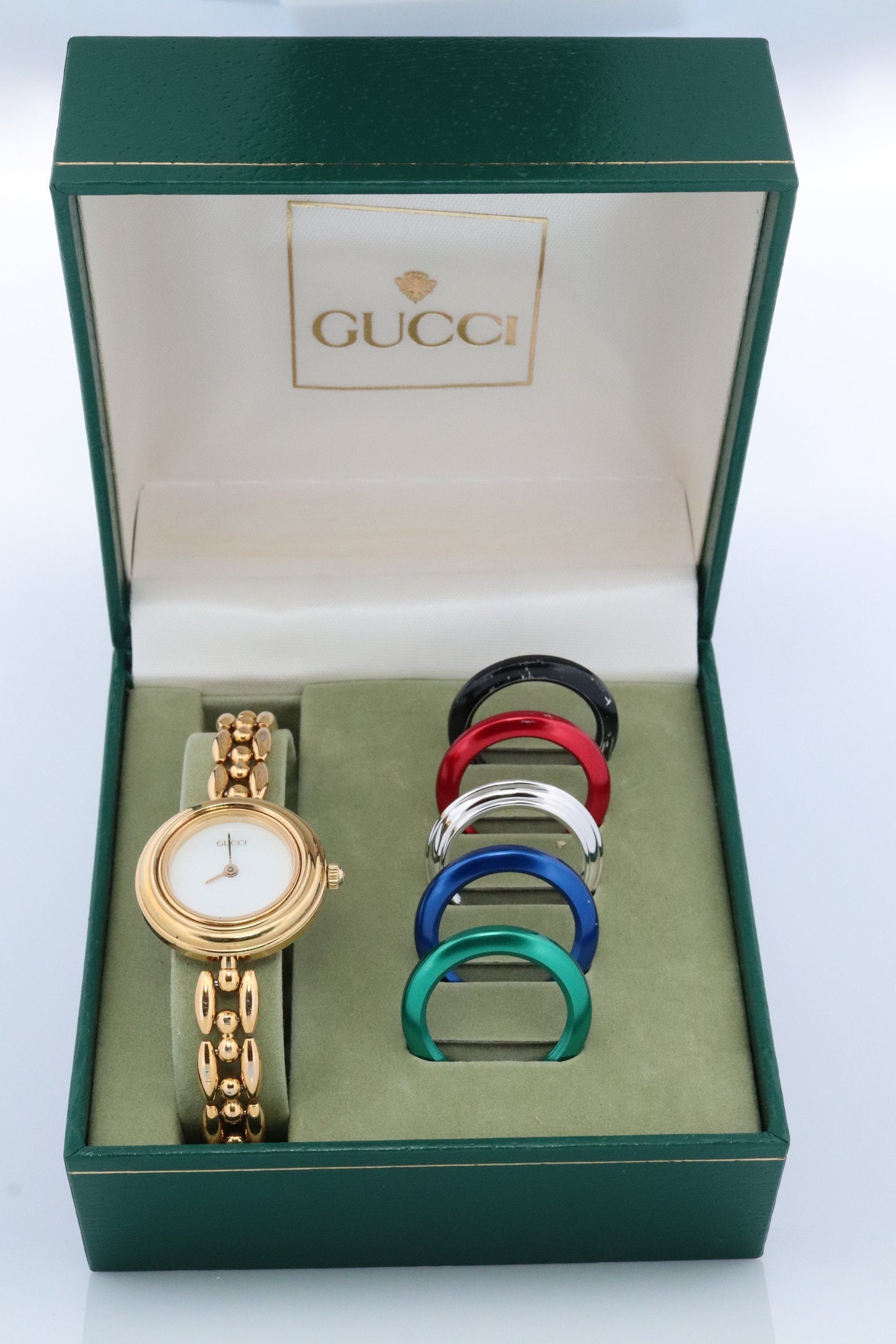 Genuine GUCCI 11/12.2 Watch. Vintage Ladies Gucci Change Bezel Watch. With Box and Bezels.