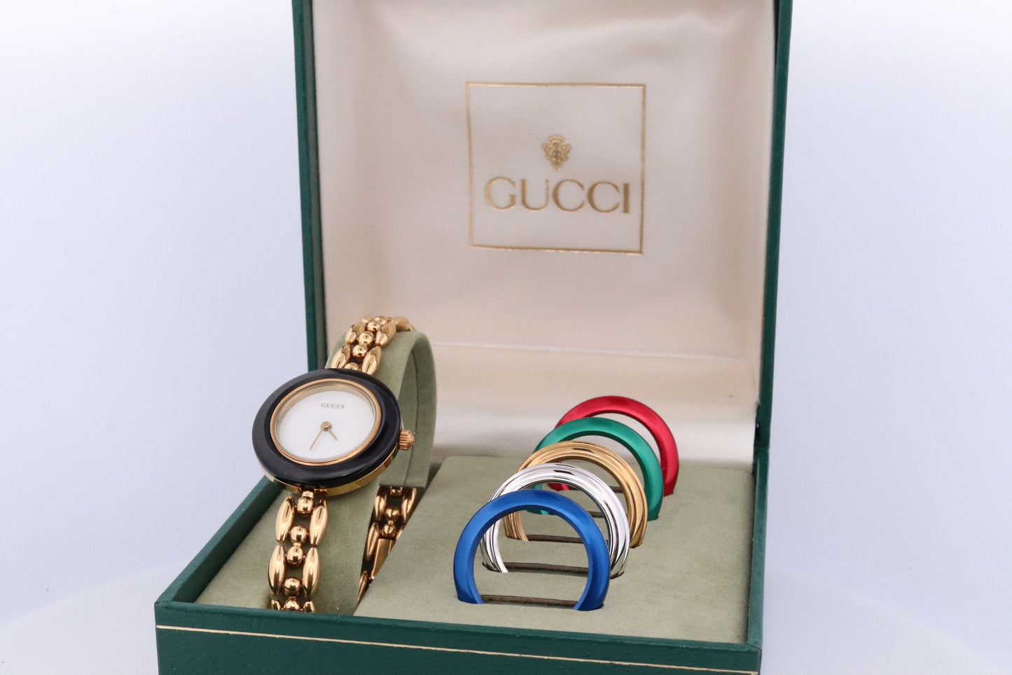 Genuine GUCCI 11/12.2 Watch. Vintage Ladies Gucci Change Bezel Watch. With Box and Bezels.