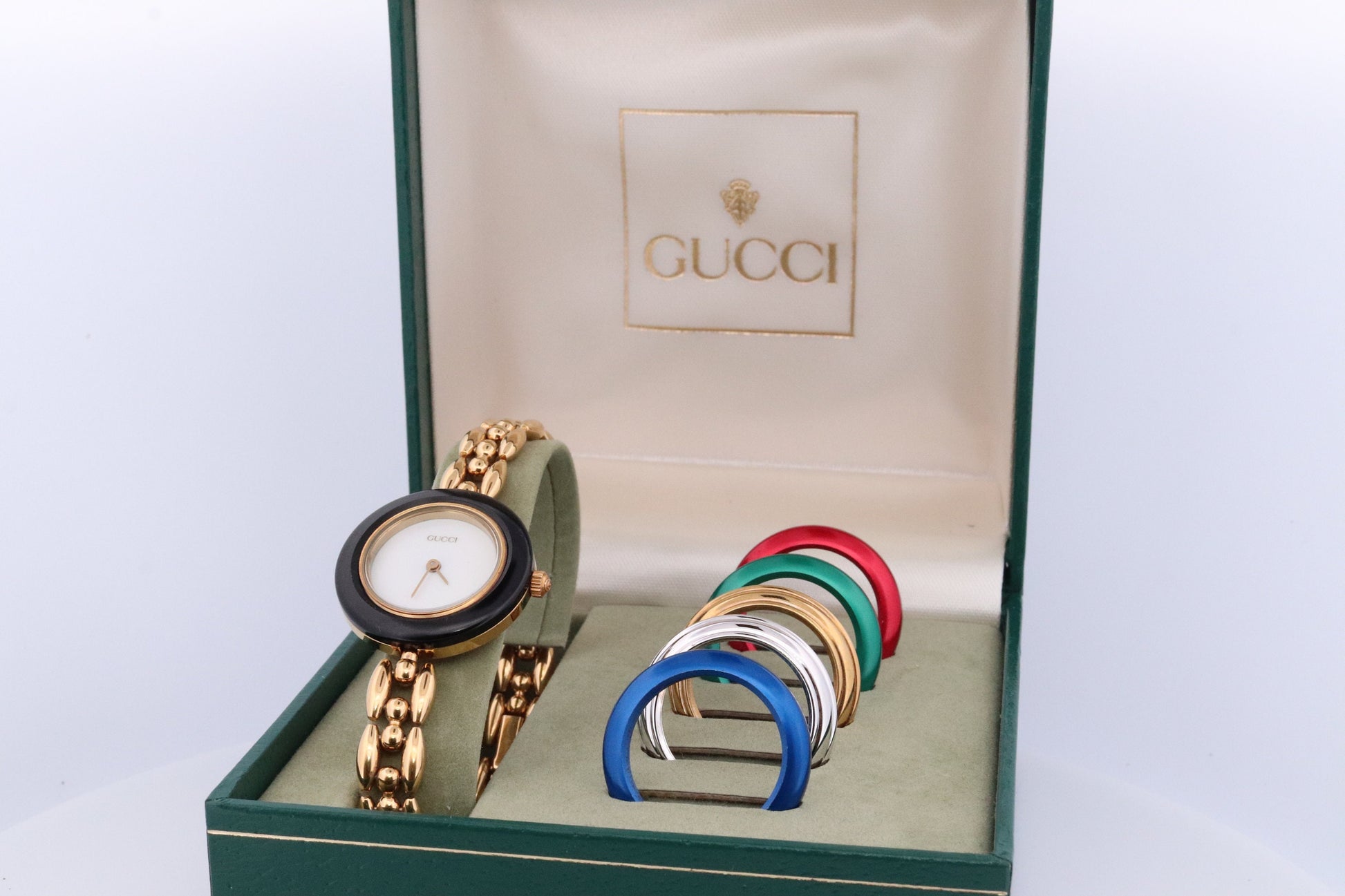 Genuine GUCCI 11/12.2 Watch. Vintage Ladies Gucci Change Bezel Watch. With Box and Bezels.