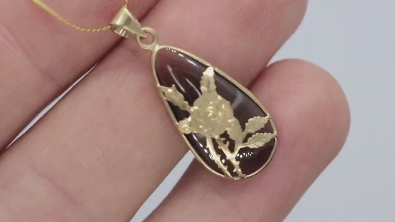 14k Rose Flower setting and a Smoky Quartz Pendant. Engraved and Stamped ROSE Necklace st(63/25)