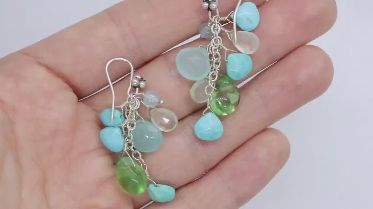 Laura Gibson Dangle Earrings. Sterling Silver with faceted Prehnite, Flourite, Turquoise, and Opal Chalcedony (275)