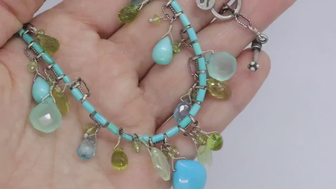 Laura Gibson Necklace. Gibson Sterling Silver Turquoise Dangling Candy multi-gem necklace (274)