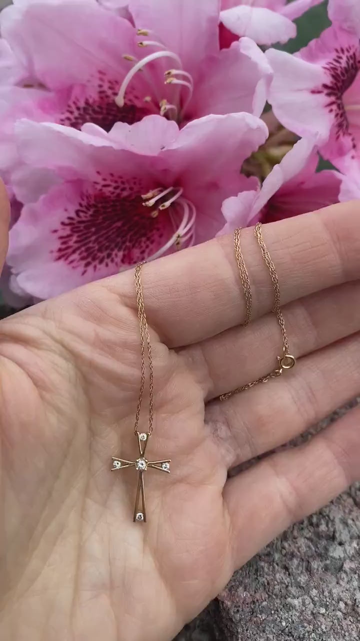 10k cross with diamonds pendant and rope chain necklace. Diamond tension Cross. 10k Yellow Gold.