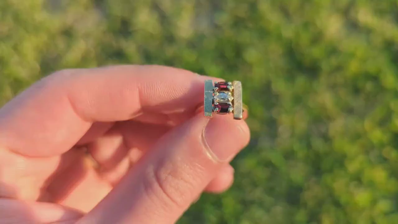 10k Marquise Garnet and Quartz ring. 10k Marquise cut garnet with Quartz Textured BAR ring. st(104)