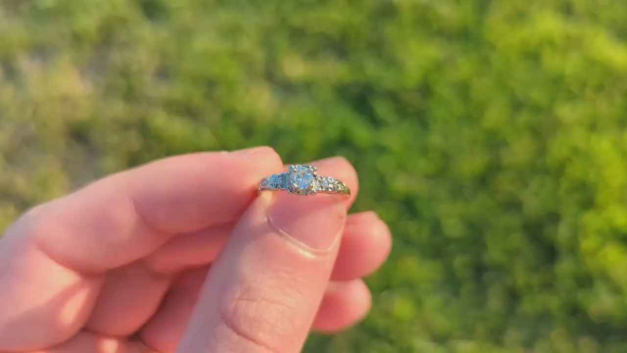 Art Deco Diamond Solitaire filigree Ring. 14k Gold Old European Cut diamond  square Ring  st(207)