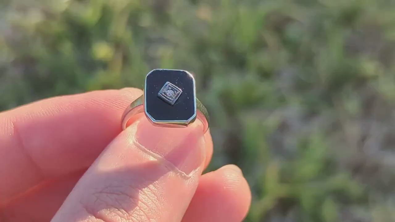 Art Deco Onyx and Diamond Ring. 14k White Gold Rectangle Onyx and Diamond ring. Mourning ring. st(150)