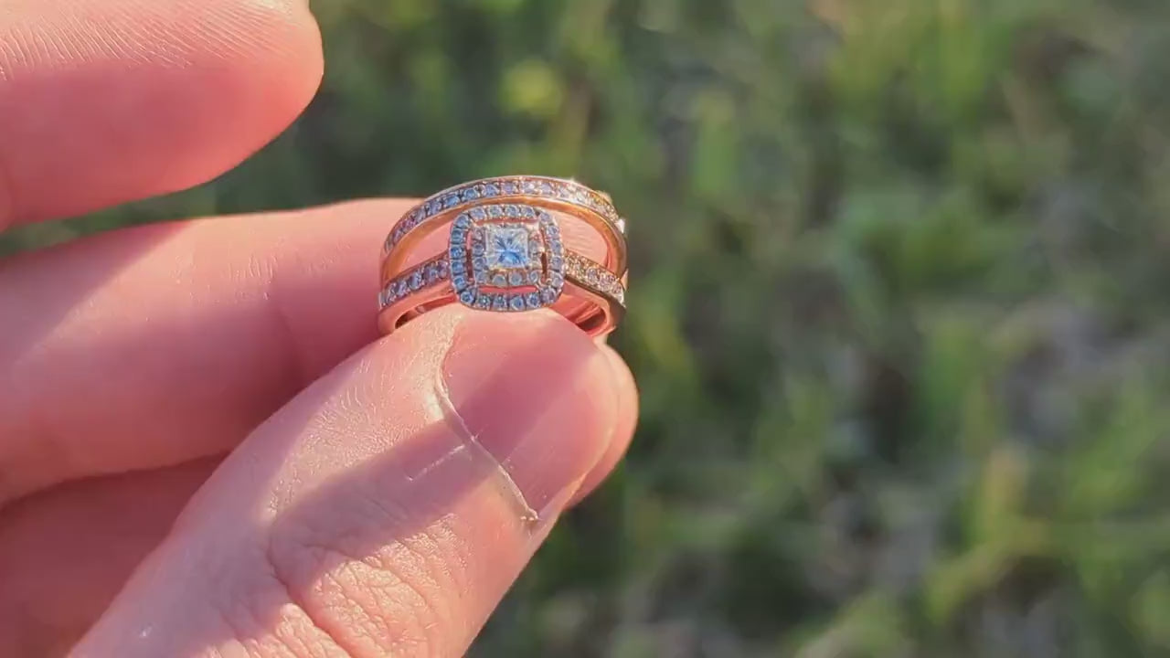 10k Rose Gold Diamond Wedding Ring set. Princess cut Double Halo Wedding Set. Engagement set. Bridal Set rings. Eternity band. st(316)