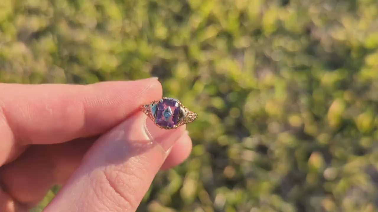 Art Deco Amethyst Diamond Ring. 14k Yellow Gold Filigree Design. Engagement Ring from Art Deco . Statement band. February Stone st(219)