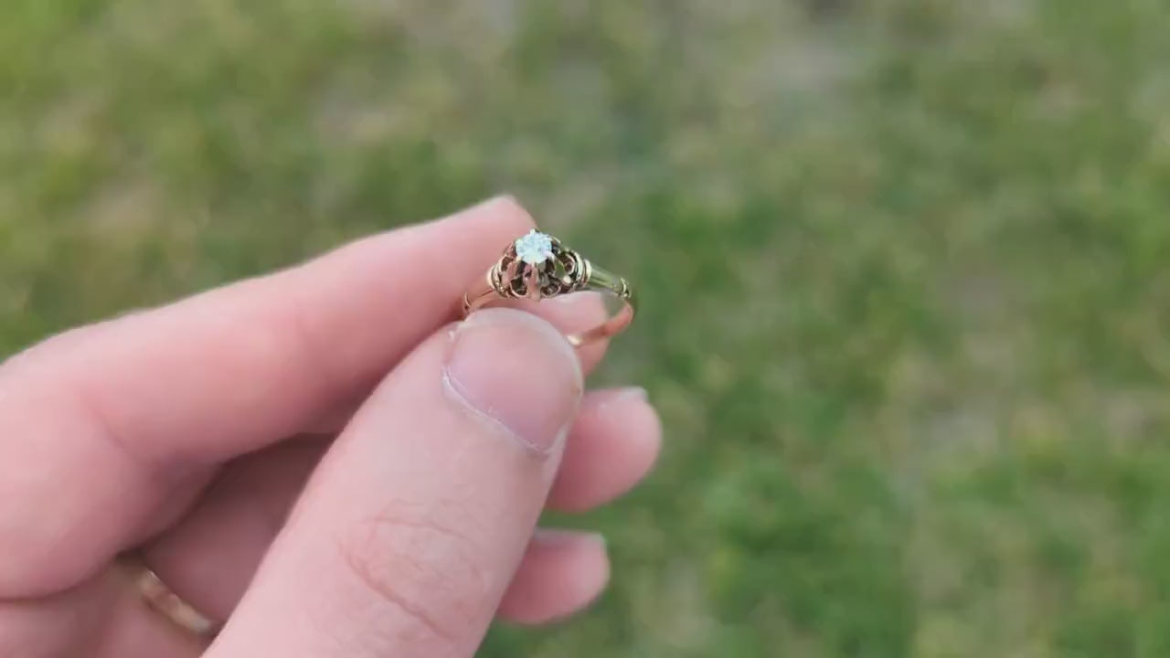 Antique Belcher Set Diamond 14k engraved ring. 0.15ct Victorian Prong Diamond Ring Women Buttercup diamond sz 7.5 st(81)