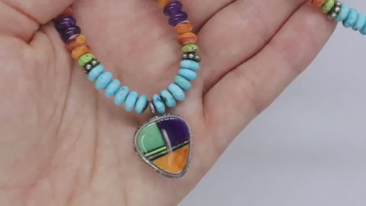 Etta Endito Navajo Sterling Silver Sun Inlay Pendant. SouthWestern Navajo Turquoise Amethyst Spiny Oyster Beaded Necklace.