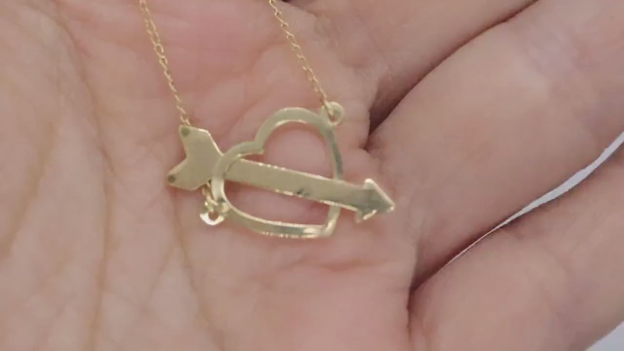 14k Open Heart Pendant. 14k Pierced Heart Arrow Cable chain necklace. 1mm wide 15in length
