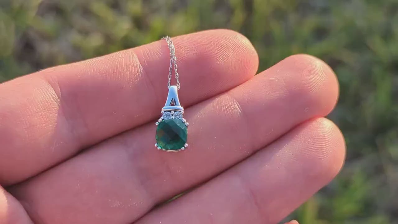 Emerald Diamond pendant. 10k White Gold Emerald cushion cut and Diamond Drop Pendant Necklace. st(104)
