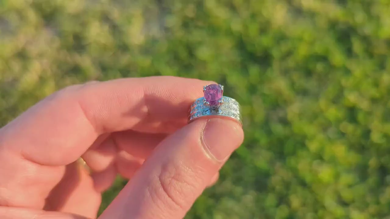 Natural Ruby Diamond Ring. PLATINUM Ruby Solitaire engagement ring. Oval ruby Platinum ring. Diamonds. Wide band. st(470)