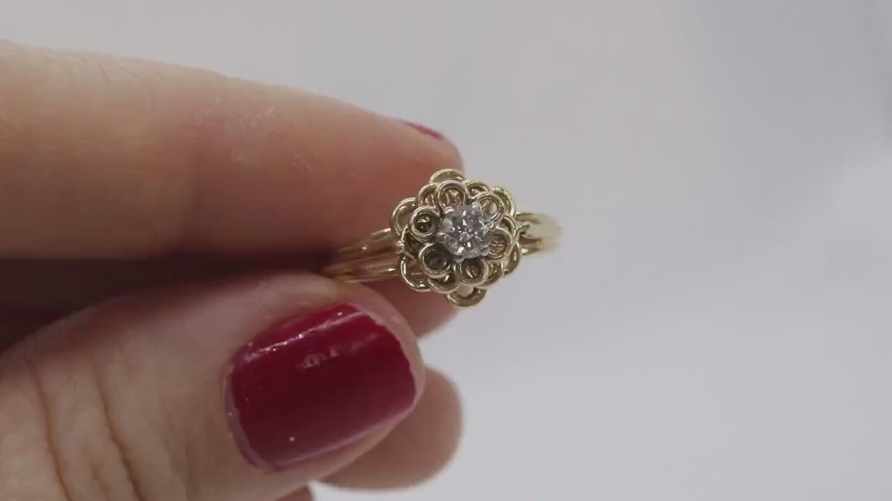 Vintage JR Wood and Sons 14k Gold Diamond Flower band Ring. Jr Wood Diamond solitaire.