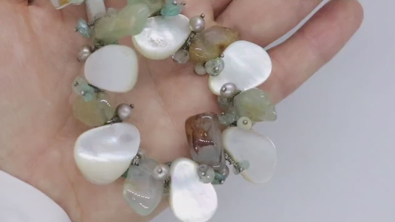 Laura Gibson Necklace. Gibson Sterling Silver  Mother of Pearl Dangling Candy multi-gem necklace (459)