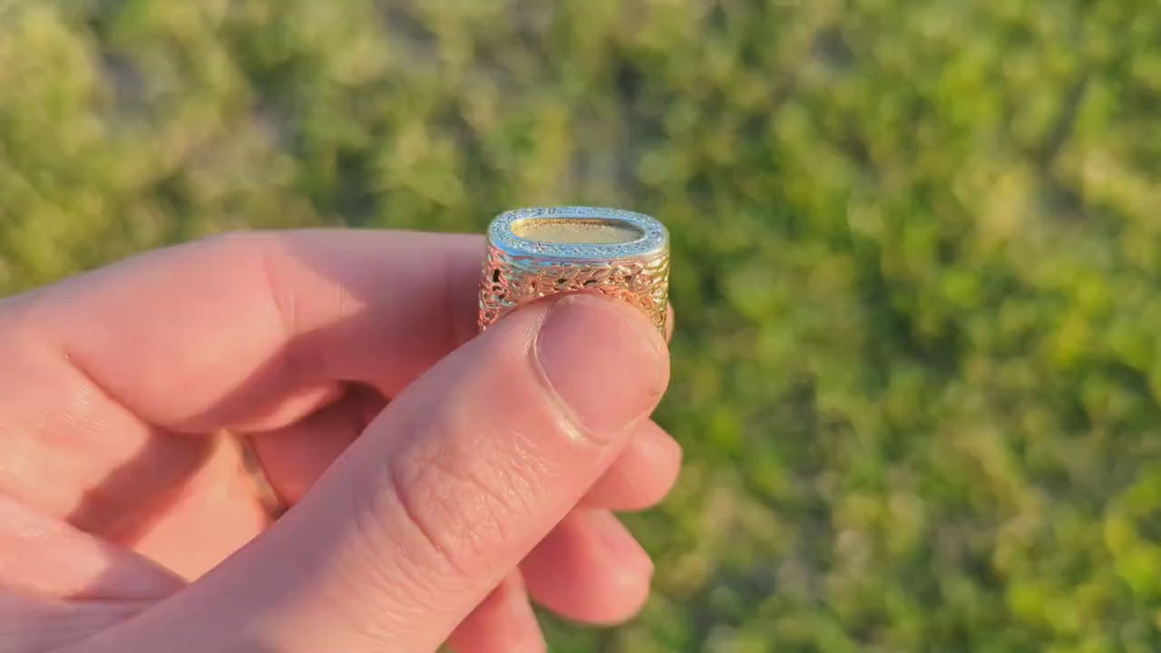 14k Diamond Flat signet  ring.  Diamond outline set into Signet travertine band. Nugget Shank cocktail ring st(460/11)