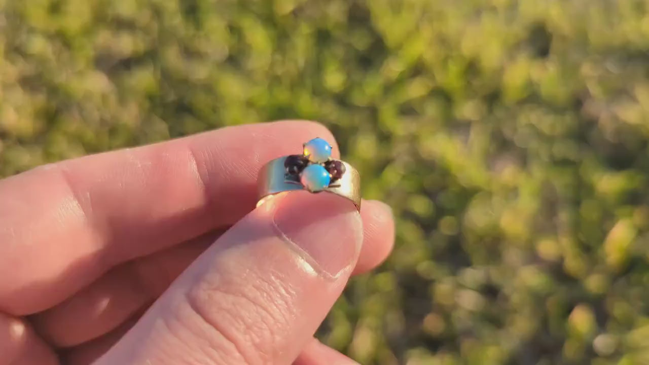 10k Victorian Opal and Garnet ring. 10k Gold Victorian claw opal ring. Wide Cigar BAnd. st(196)