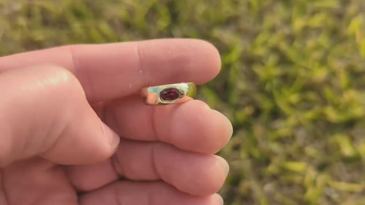 14k Ruby Ring. Bezel set Ruby ring. 14k yellow gold and oval Ruby bezel set. Wide ruby band. st(106)