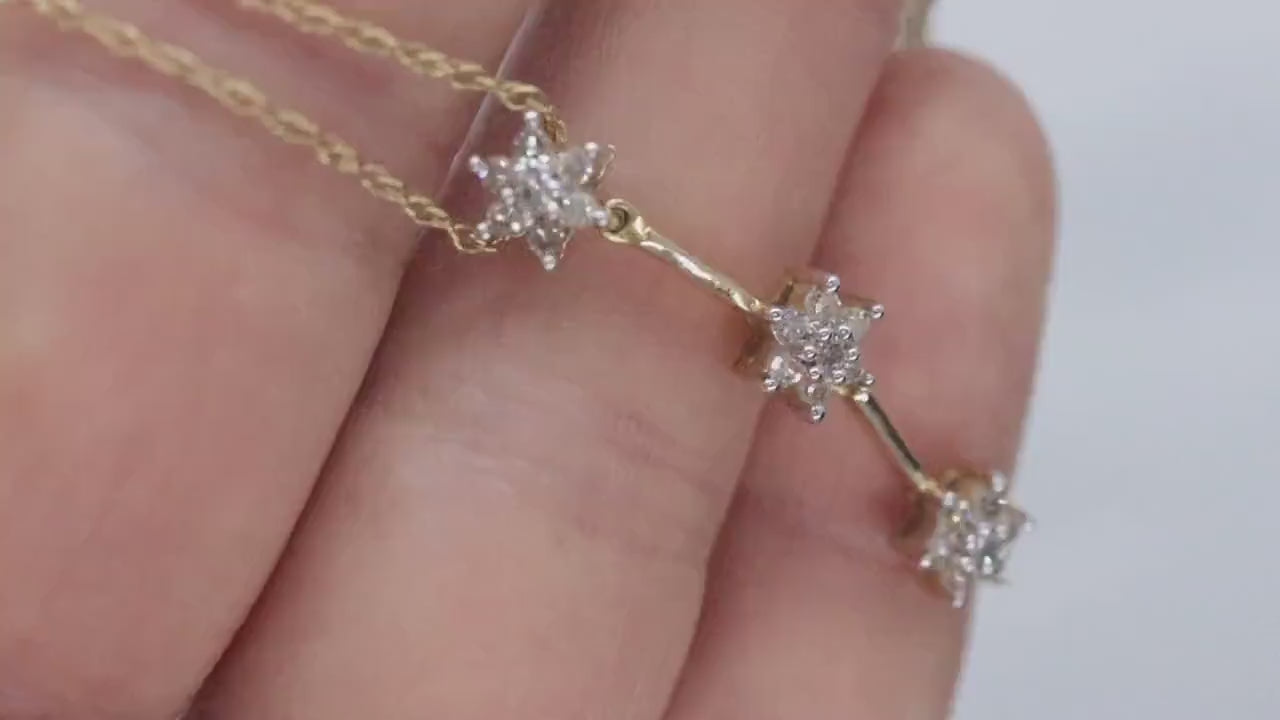 14k 3 Diamond Past Present Future Journey Pendant. 14k Yellow gold cluster diamond pendant Rope necklace. st (74/75)