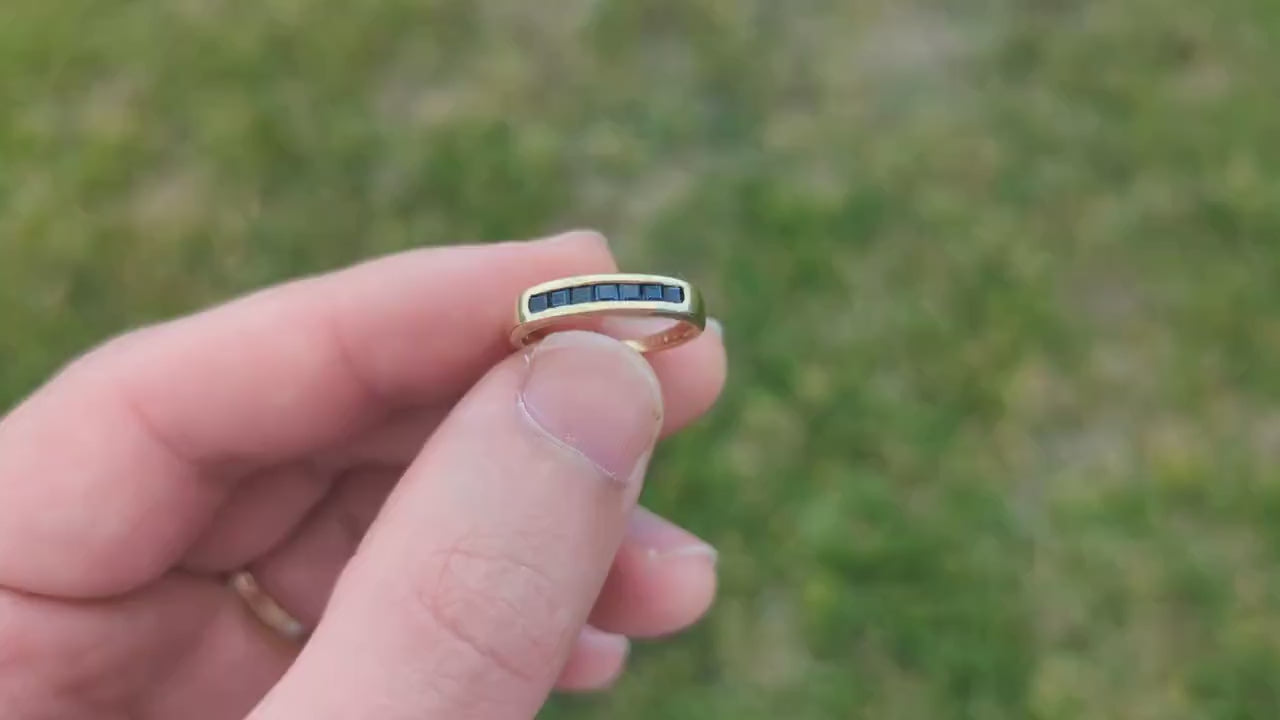 14k Gold BLUE Sapphire Eternity Band. Channel Set Princess Sapphire calibre cut Half Eternity band. st(98)