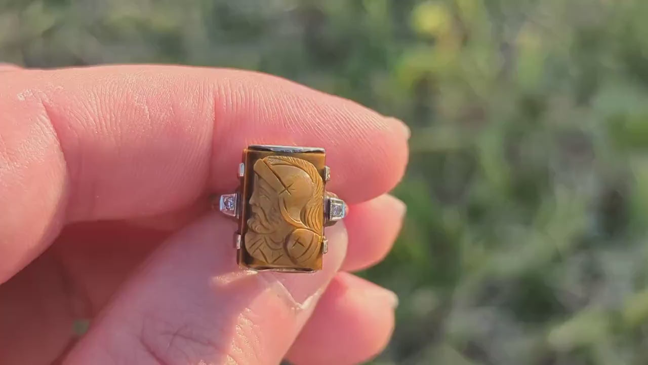 10k Tiger Eye Cameo Diamond Signet Ring. 10k gold Heavy Carved Warrior Mens or Womens ring. st(150)