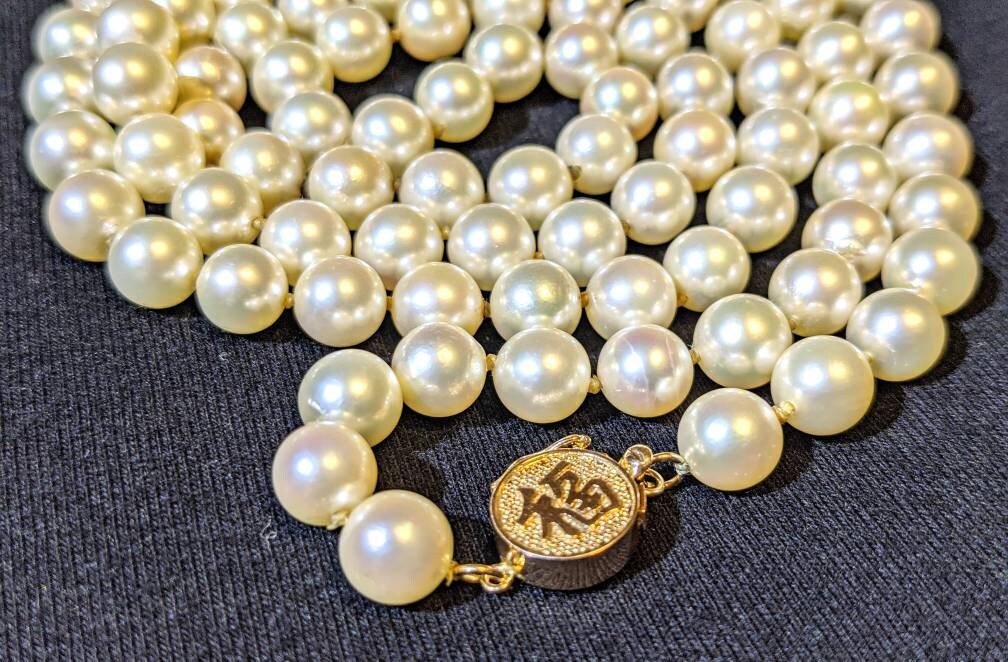 Vintage 7mm Japanese Akoya Saltwater Pearl 30 Inch Necklace FU Fortune 14k Gold