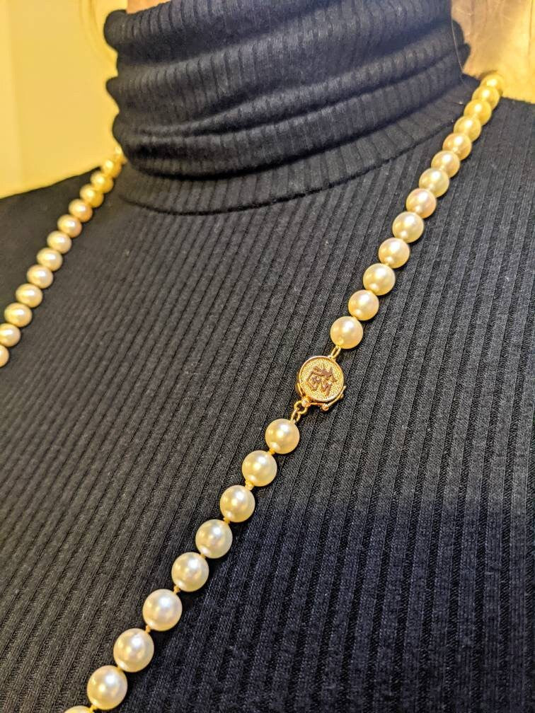 Vintage 7mm Japanese Akoya Saltwater Pearl 30 Inch Necklace FU Fortune 14k Gold