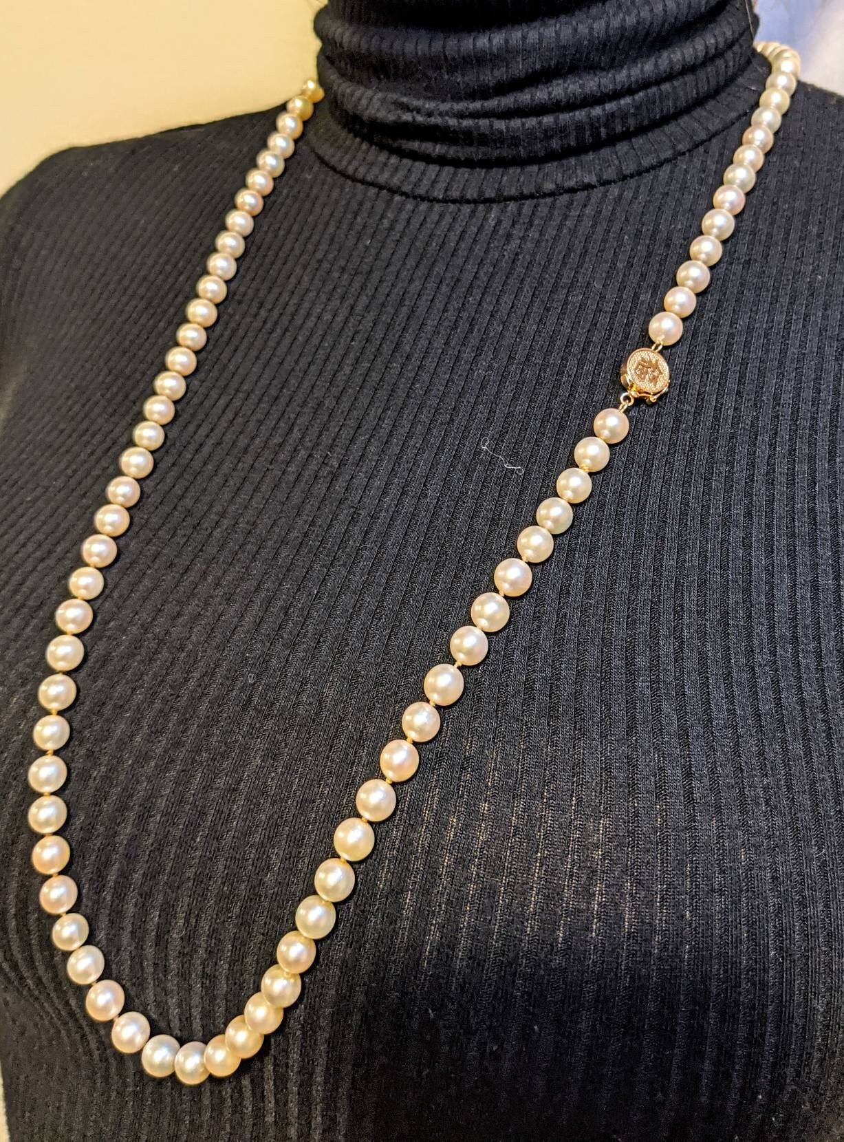 Vintage 7mm Japanese Akoya Saltwater Pearl 30 Inch Necklace FU Fortune 14k Gold