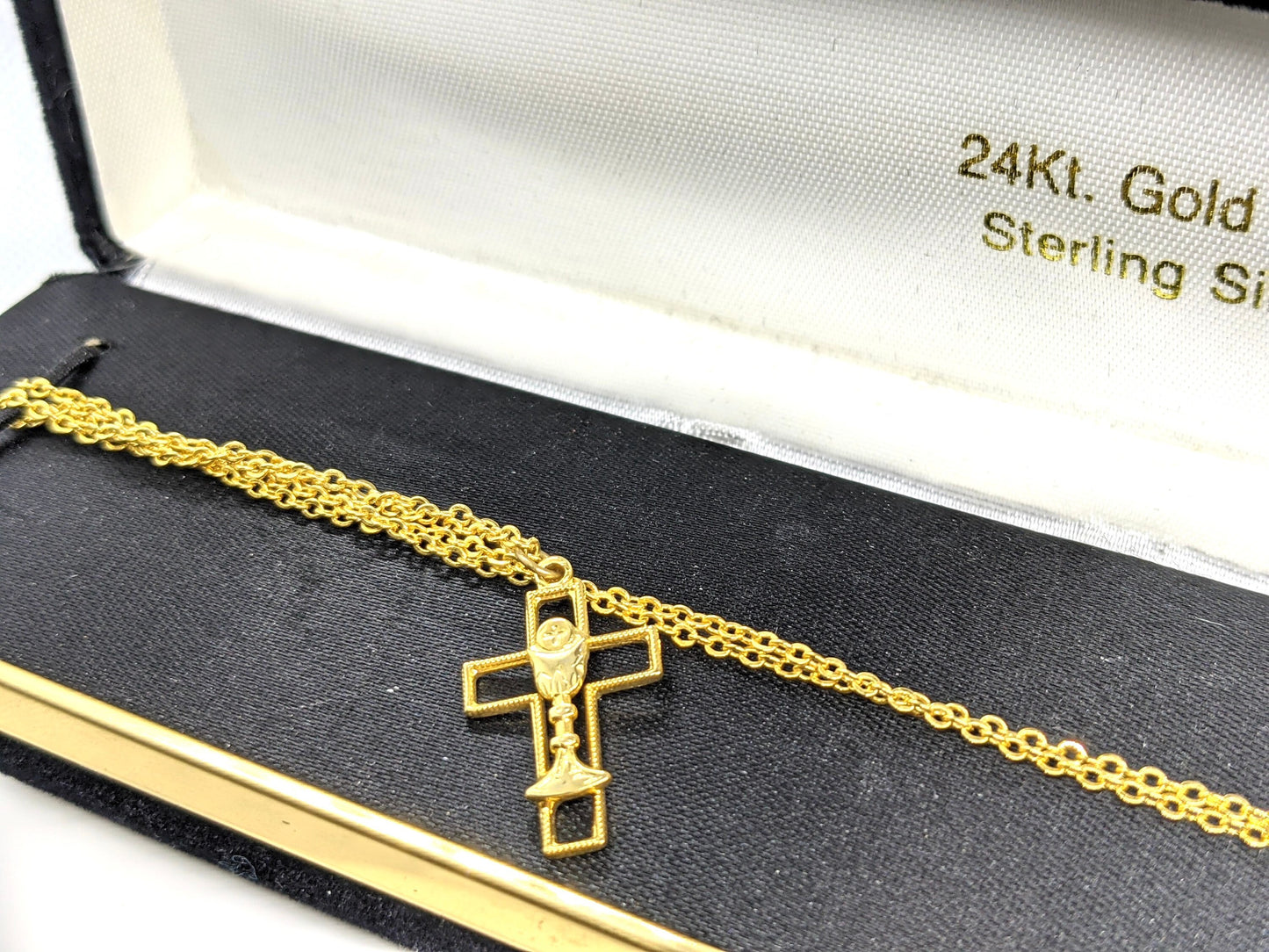 Sterling Silver and 24k Gold plated Cross and Chalice Pendant Necklace