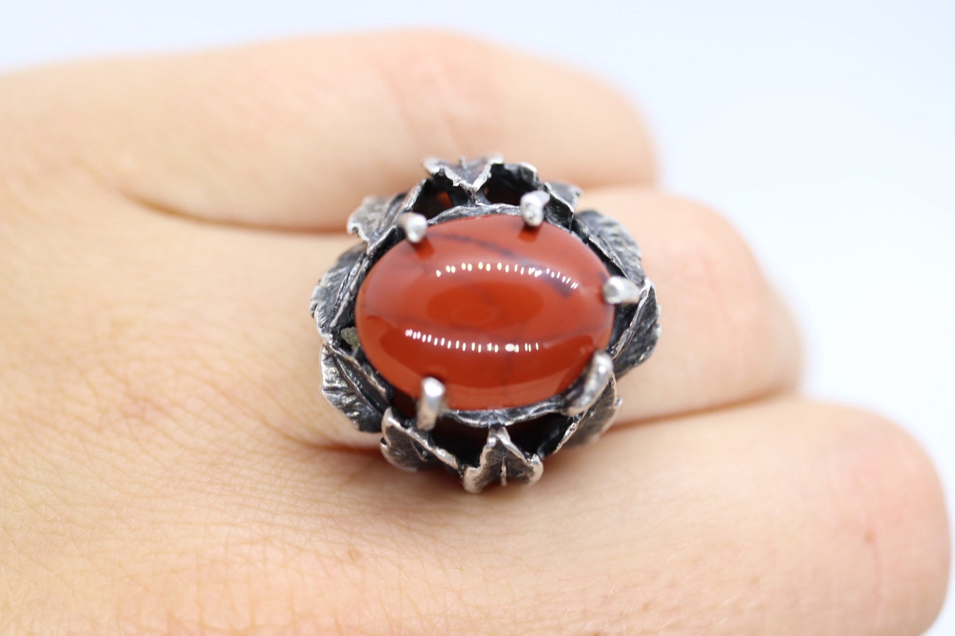 Vintage - Jasper Oval Cabochon - Sterling Silver - leaf motif Ring sz 4.5 women
