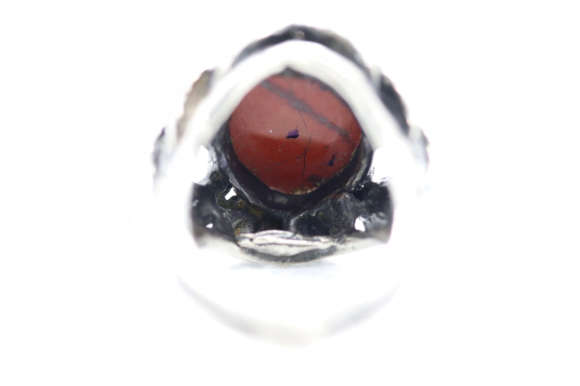 Vintage - Jasper Oval Cabochon - Sterling Silver - leaf motif Ring sz 4.5 women