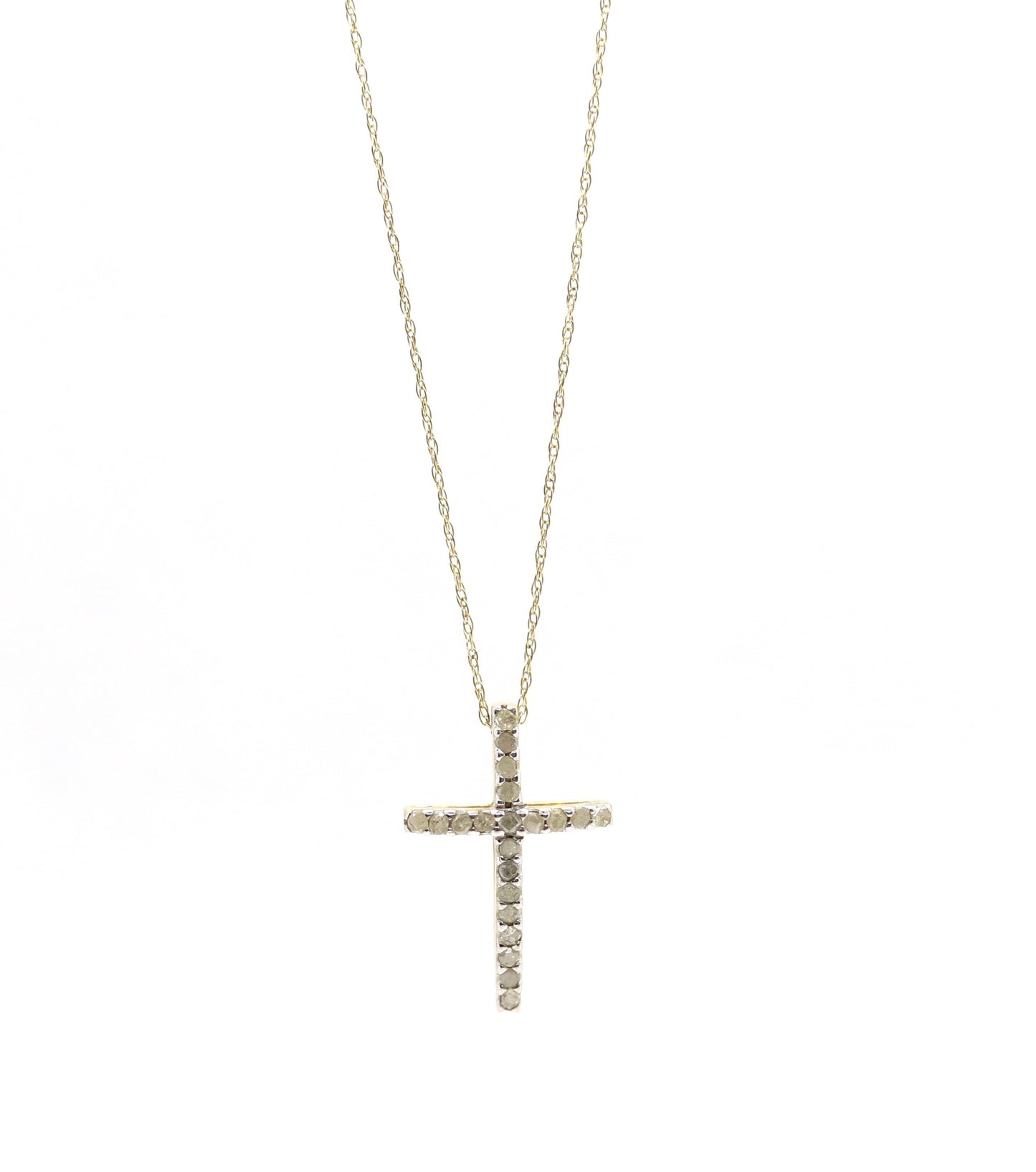 Vintage Crucifix Cross 10k Yellow Gold and Diamond Cross pendant. Crucifix Chain Necklace. Cross with Rough Diamonds. Rope chain necklace.