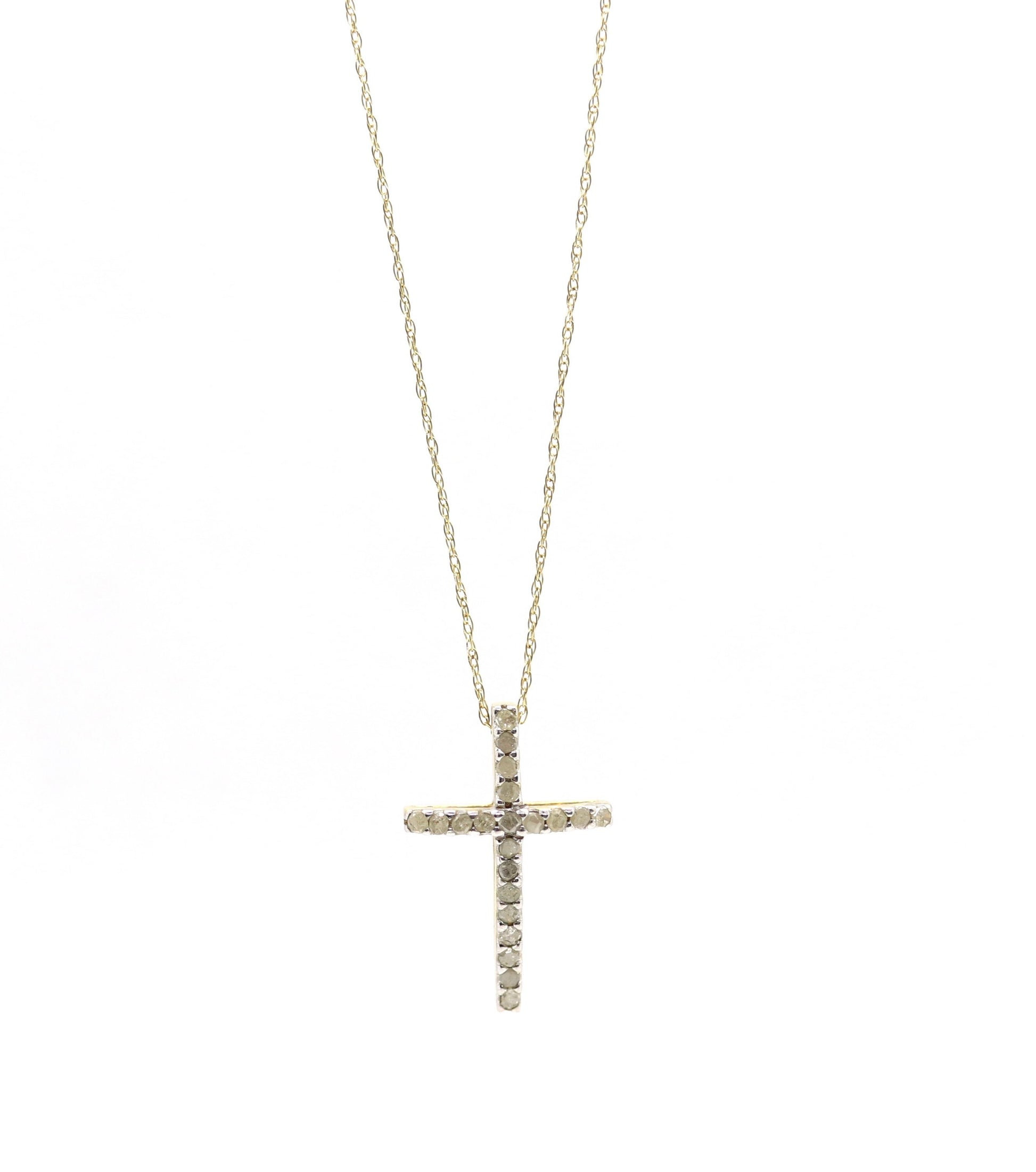 Vintage Crucifix Cross 10k Yellow Gold and Diamond Cross pendant. Crucifix Chain Necklace. Cross with Rough Diamonds. Rope chain necklace.