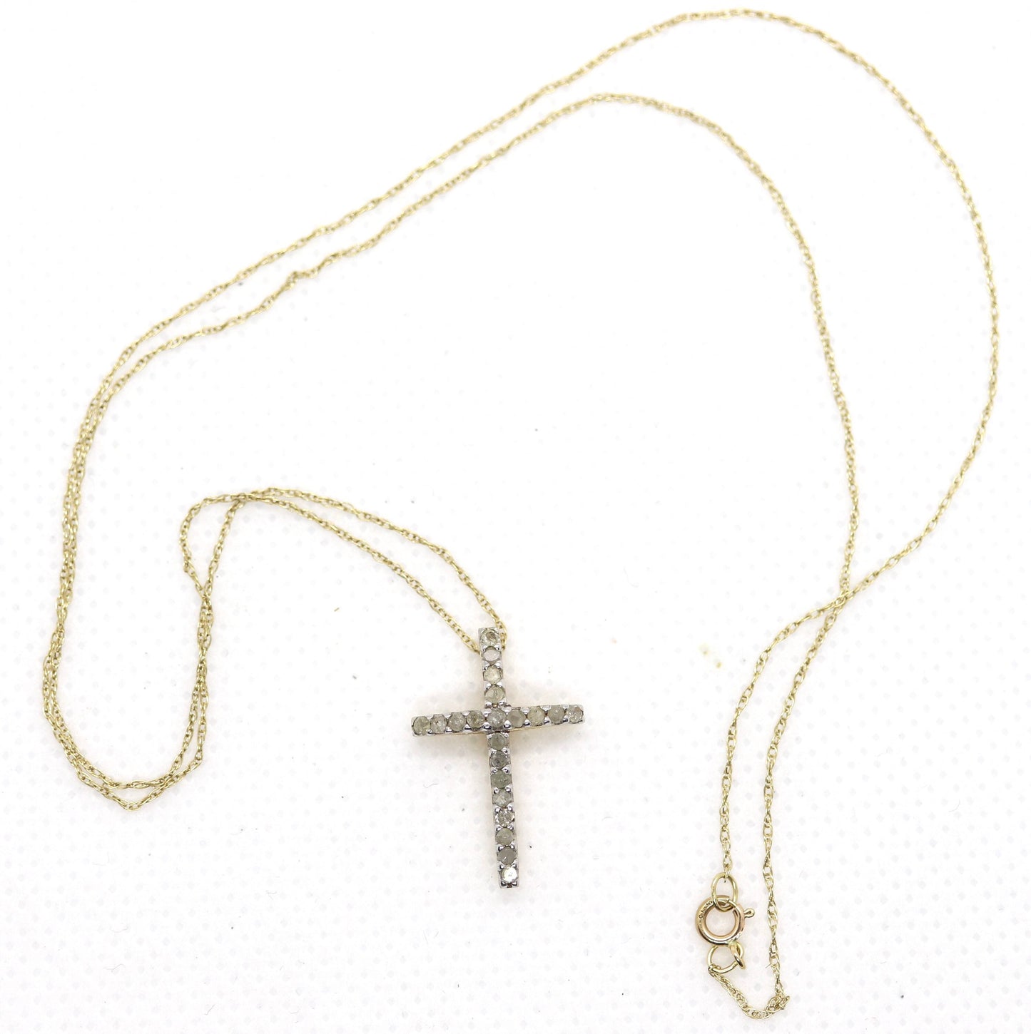 Vintage Crucifix Cross 10k Yellow Gold and Diamond Cross pendant. Crucifix Chain Necklace. Cross with Rough Diamonds. Rope chain necklace.