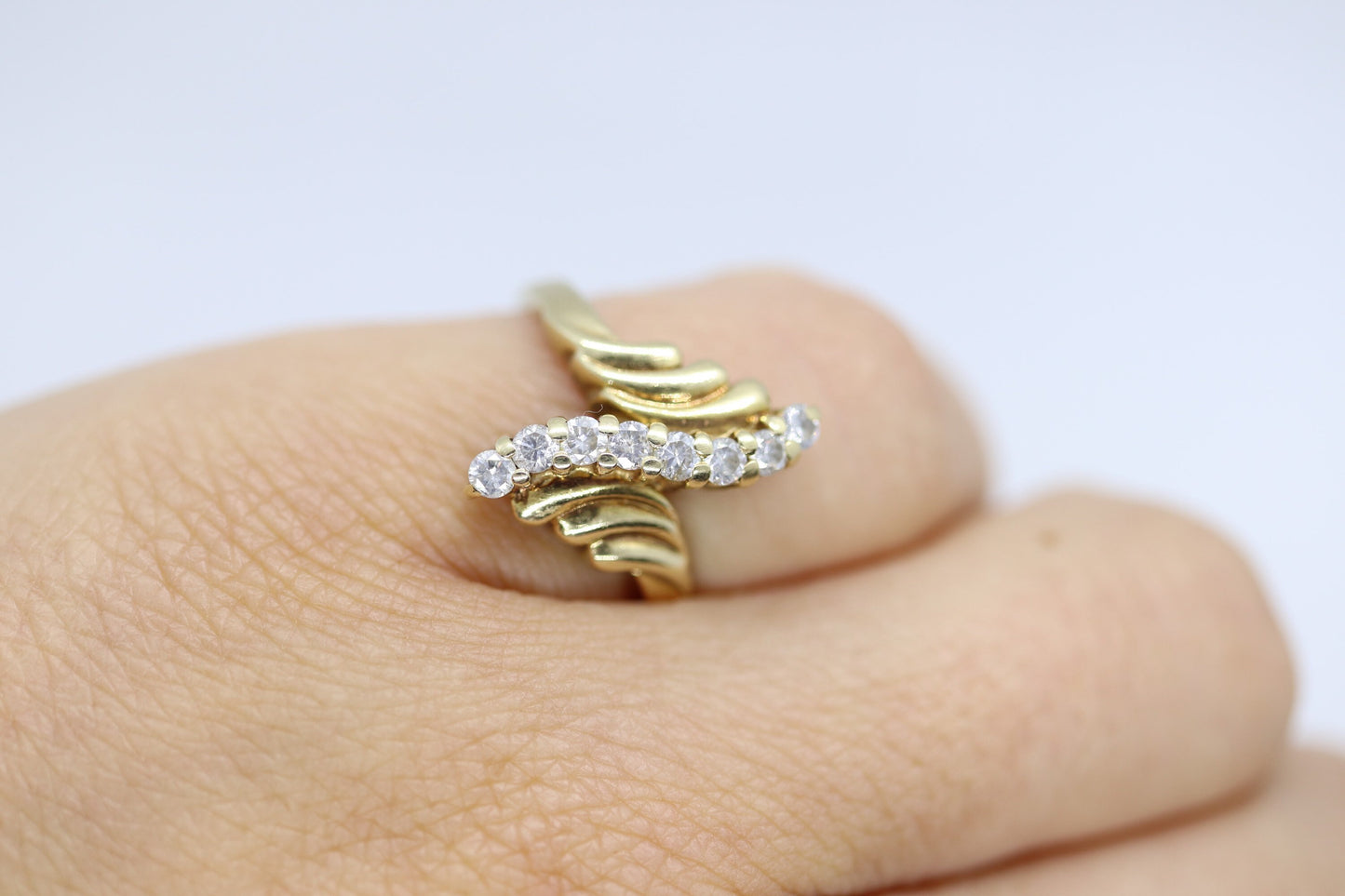 14K Diamond Bypass ring. Total 0.24ct Diamond Wave. Stacked. Toi et moi band. Yellow Gold ring. Pinky ring