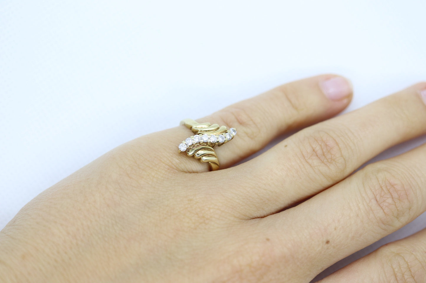 14K Diamond Bypass ring. Total 0.24ct Diamond Wave. Stacked. Toi et moi band. Yellow Gold ring. Pinky ring