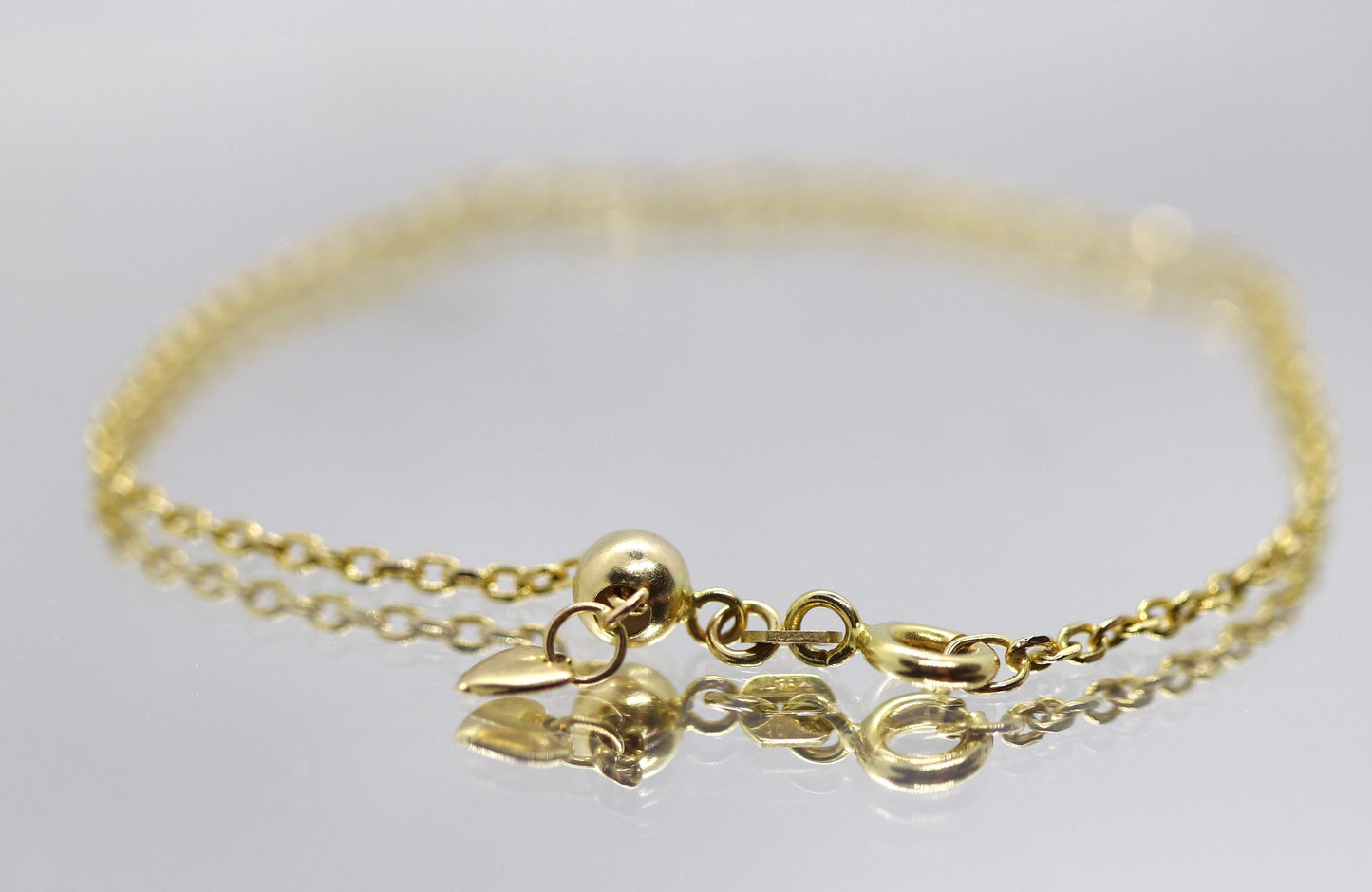 10k Adjustable Slide bracelet. Beautiful heart charm slider slide rolo chain bracelet 8in