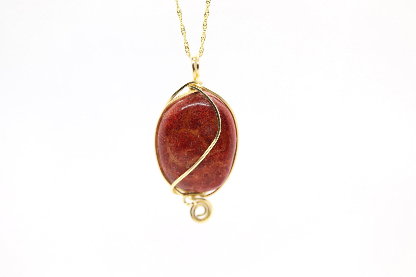 Red Agate Stone wire wrapped 14k. 14k Twisted Curb 24in chain necklace