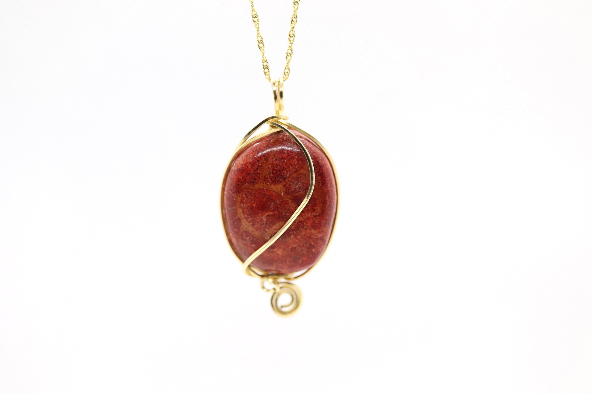 Red Agate Stone wire wrapped 14k. 14k Twisted Curb 24in chain necklace
