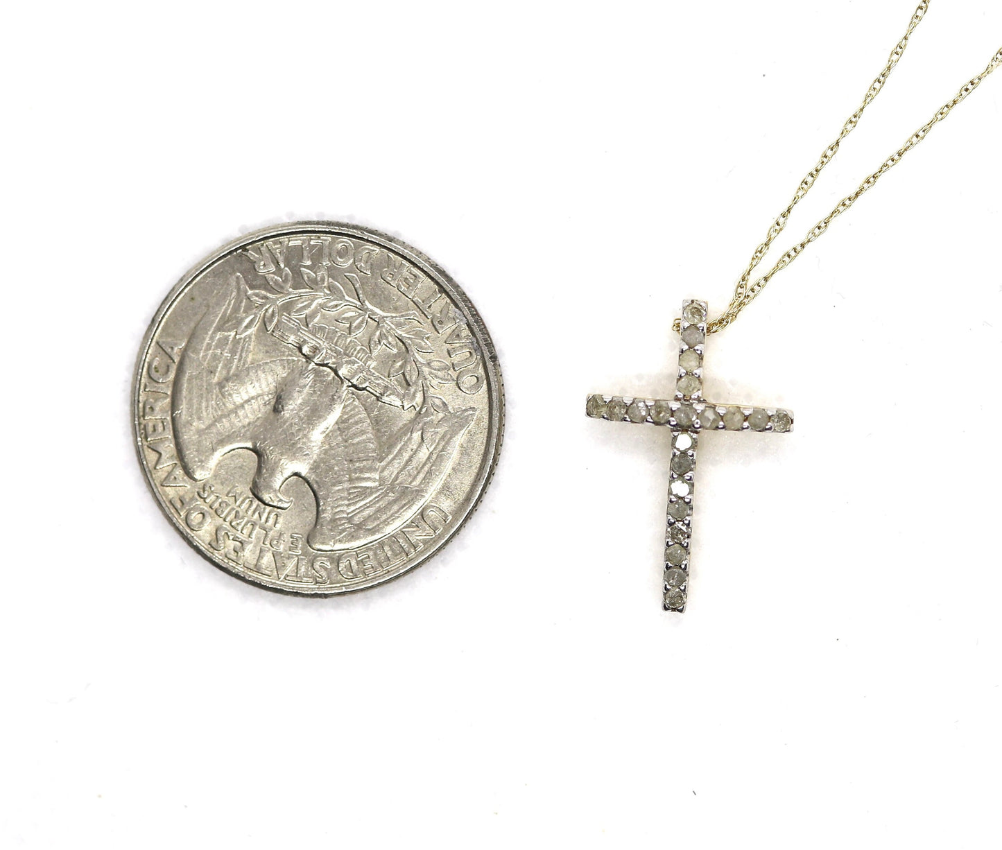 Vintage Crucifix Cross 10k Yellow Gold and Diamond Cross pendant. Crucifix Chain Necklace. Cross with Rough Diamonds. Rope chain necklace.